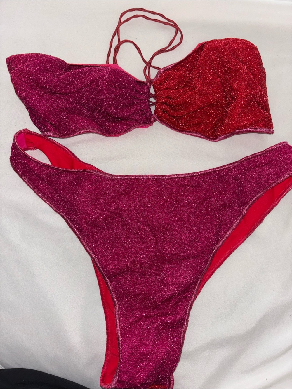 Oseree Shimmery Magenta and Red Bandeau Bikini